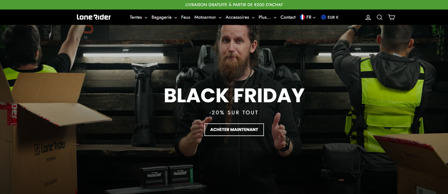 Extrait du site Lone Rider affichant les offres Black Friday, présenté dans le cadre de notre partenariat avec la marque.